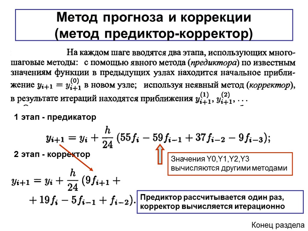 Метод прогноза и коррекции (метод предиктор-корректор) 1 этап - предикатор 2 этап - корректор